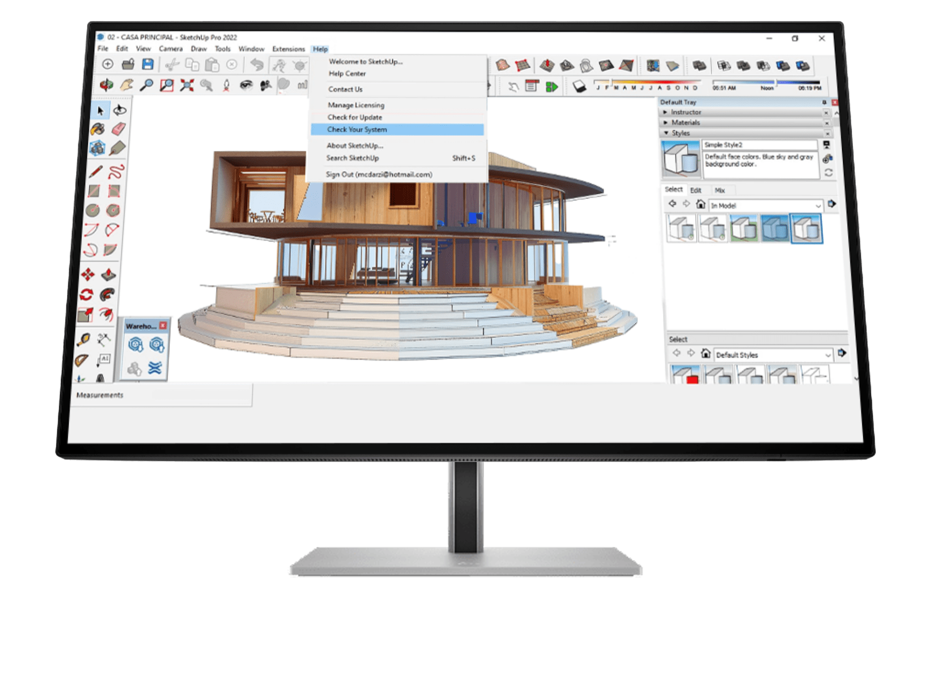 HP monitor with 3D modeling software interface on the screen.